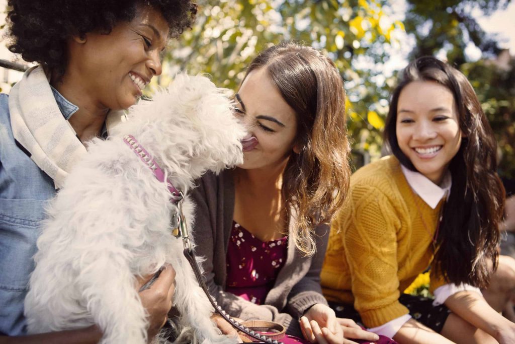 Picture of a group of women outdoors with a dog