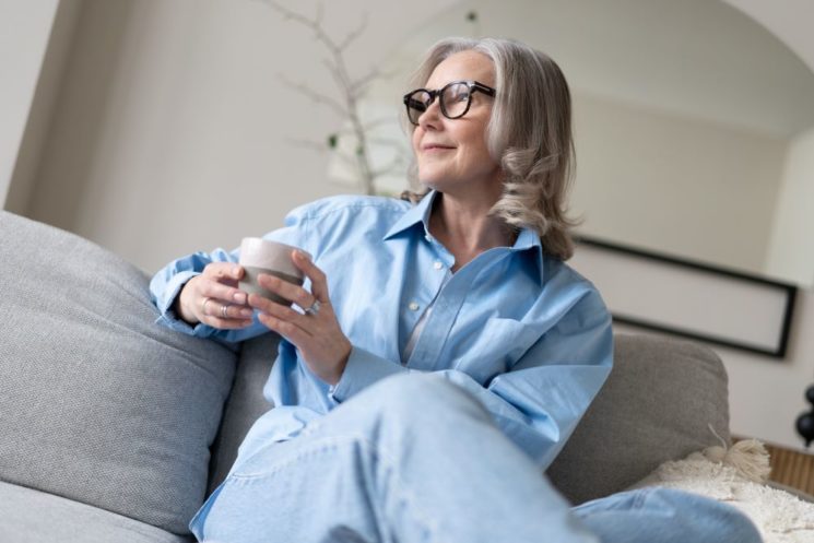 Picture of a woman sitting on a sofa with a cup